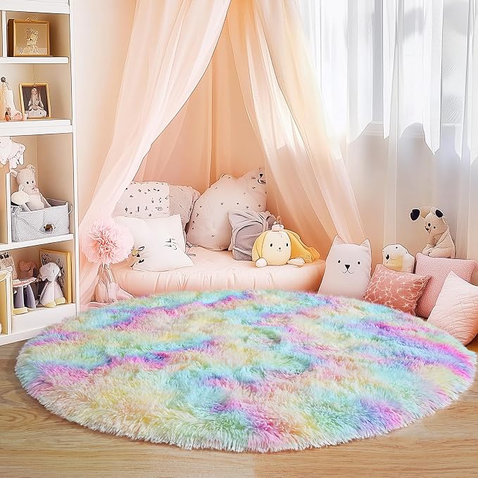 3'x3' Rainbow Round Rugs for Girls Bedroom, Ultra Soft Fluffy Circle Rug for - Image 2