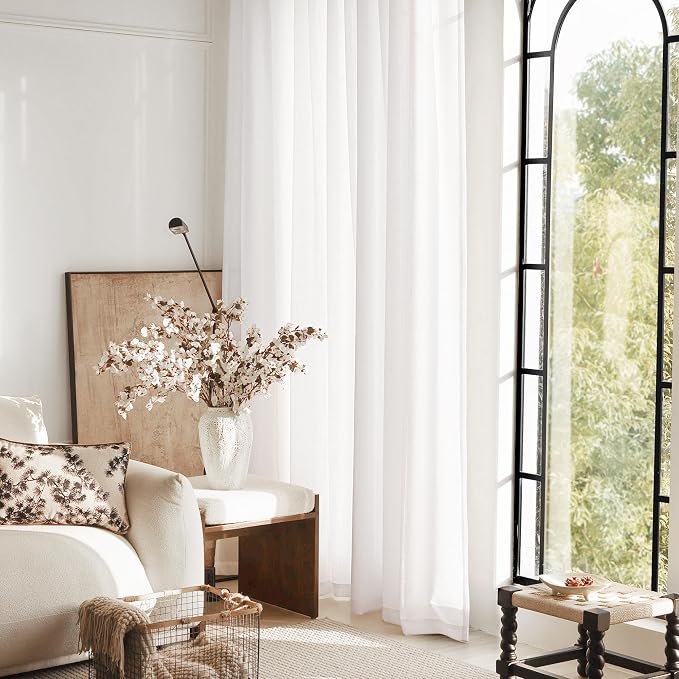 White Curtains 98 inches Long 2 Panels Back Tab Light Filtering Cotton Textured - Image 5