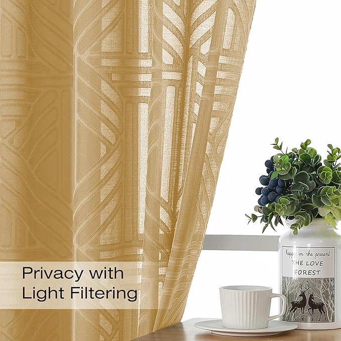 Simplebrand Gold Semi Sheer Curtains 63 Inch Length 2 Panels, Light Filtering - Image 2