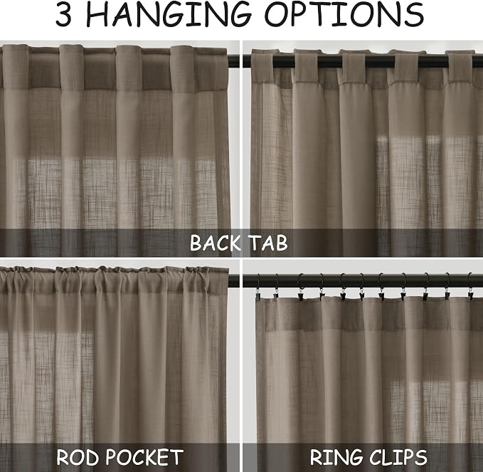 Nanspring Dark Taupe Linen Curtains 63 Inches Length 2 Panels Set - Image 3