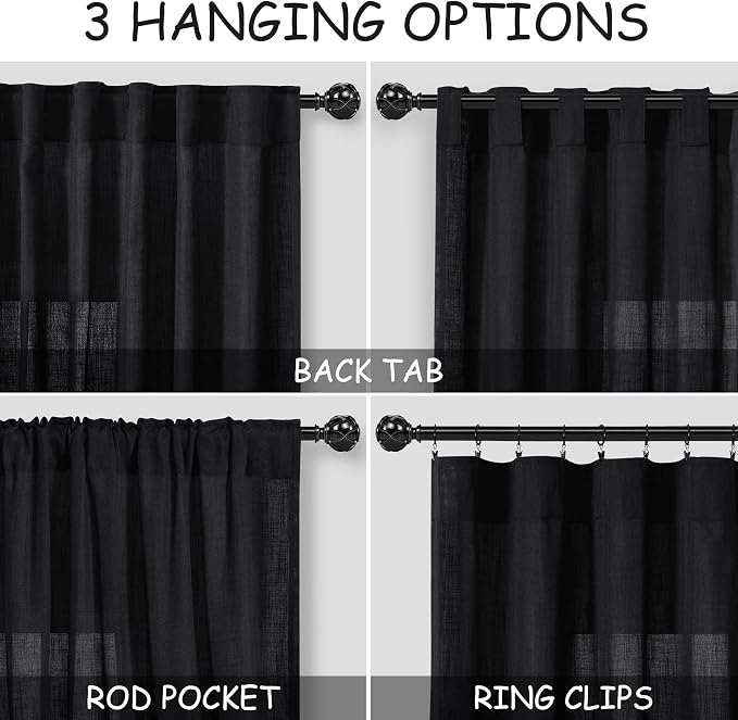 Nanspring Black Curtains 95 Inches Long 2 Panel Set Back Tab Sheer Black Linen - Image 2