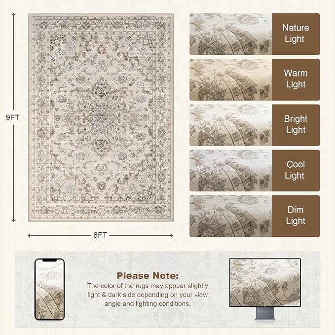 6x9 Area Rugs Living Room Rug: Washable Vintage Distressed Floral Rug No Slip - Image 2
