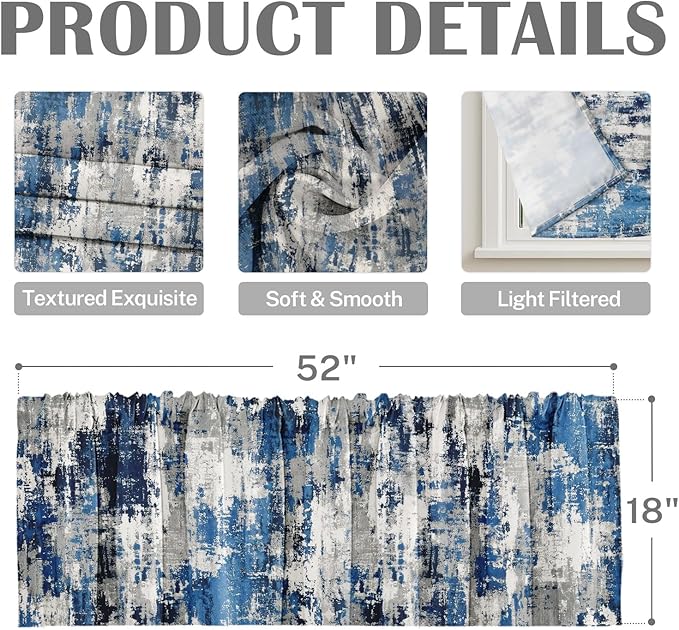 Emvency 4 Pack Valances Window Treatments, Abstract Modern Blue Grey Rustic - Image 3