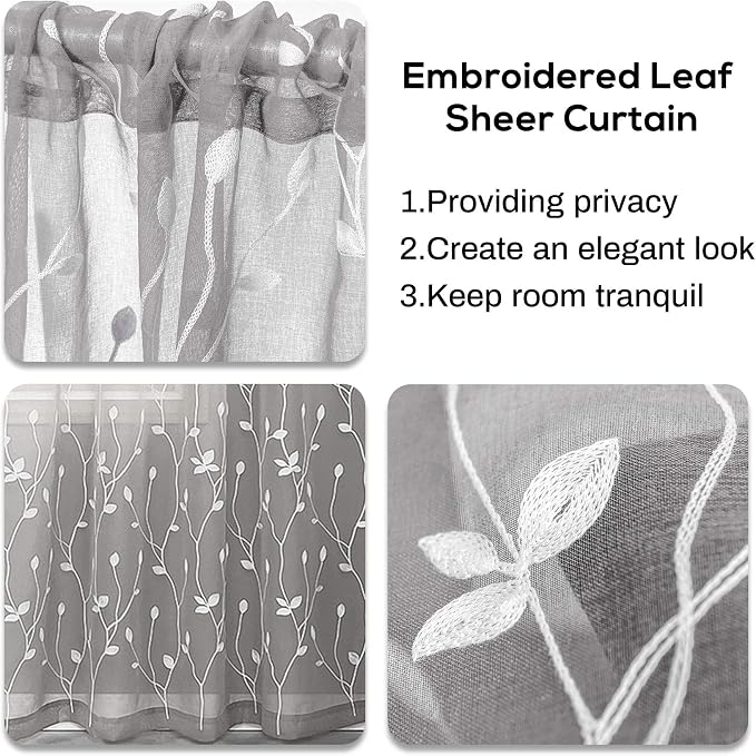AmHoo 2 Panels Embroidered Leaf Pattern Semi Sheer Curtains Foliage Floral - Image 4