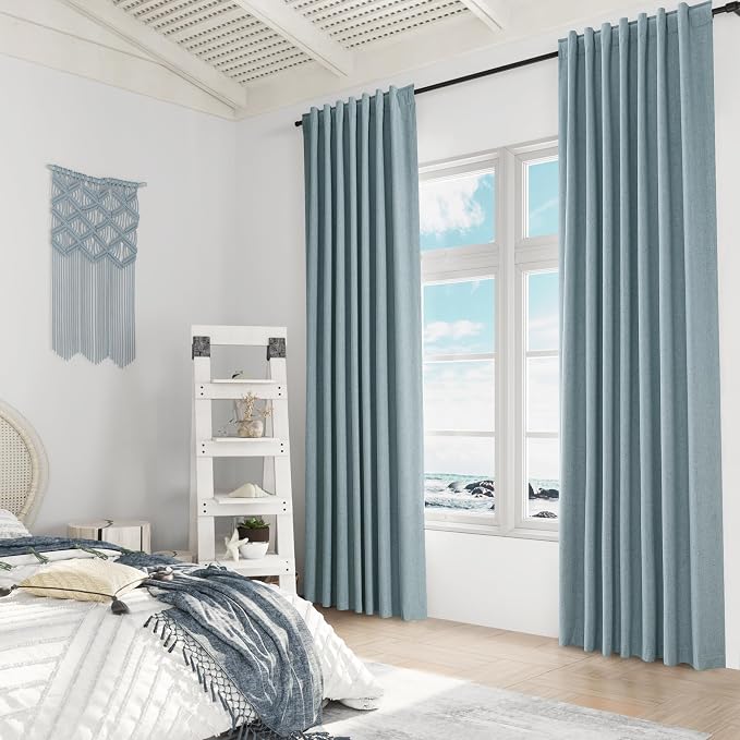 Guken Blue 100% Blackout Linen Curtains 132 Inch Length 2 Panels Set - Image 7