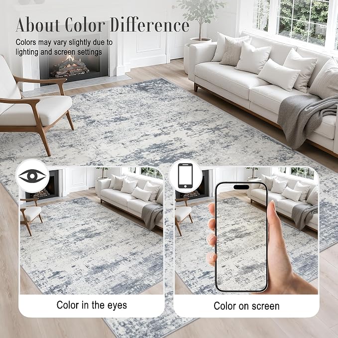 2.6x10 Washable Runner Rug:Modern Abstract Soft Carpet Blue Grey | - Image 4