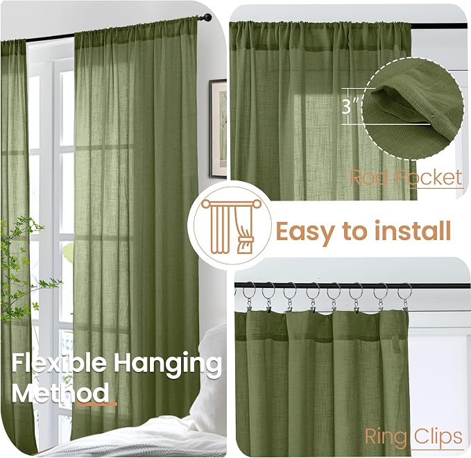 BGment Olive Green Linen Sheer Curtains 84 Inches Long - Image 6