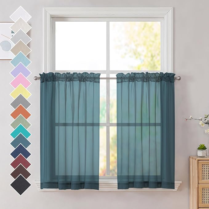 OVZME Dusty Blue Sheer Curtains 36 inches Long, Short Kitchen Window Treatment by OVZME