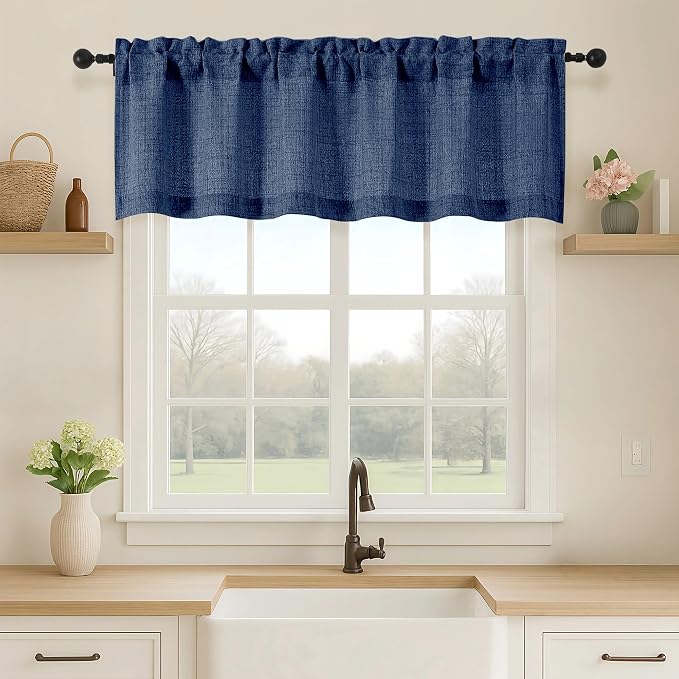 OVZME Navy Blue Valance for Windows, Light Filtering Faux Linen Textured Small by OVZME