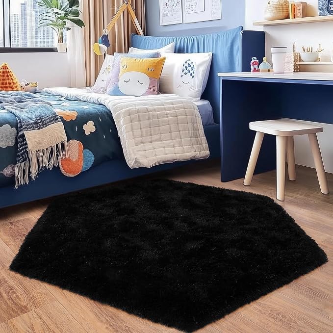 4x4.6 Feet Black Hexagon Rugs for Bedroom, Ultra Soft Fluffy Hexagon Area Rug - Image 2