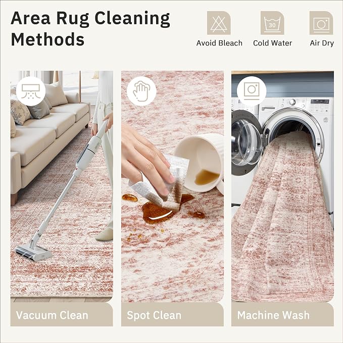 5x7 Area Rugs Pink Low Pile Indoor Washable Trendy Faded Style Rugs - Image 5