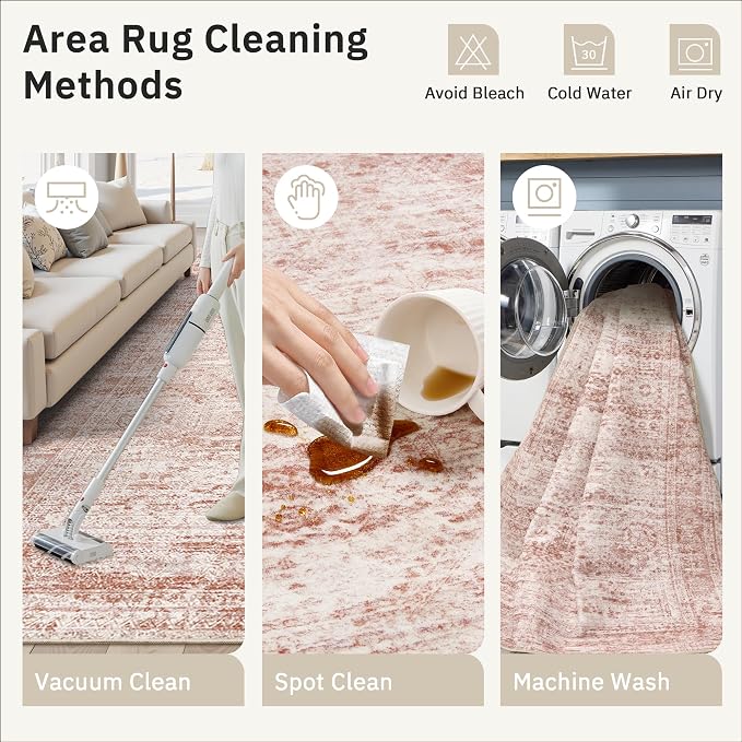 Soalmost 5x7 Area Rugs Pink Low Pile Washable Trendy Faded Style Rug | Vintage - Image 5