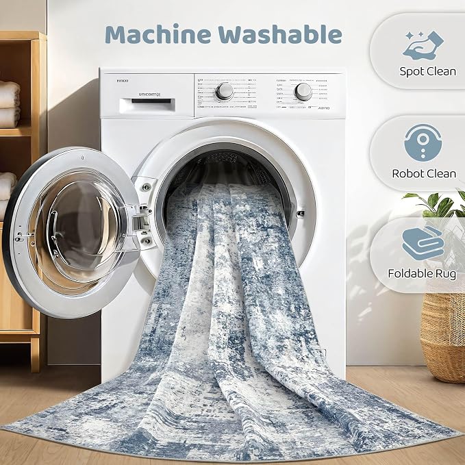 LOONGRUG 6x8 Area Rug Washable Neutral Modern Living Room Rugs White Blue | - Image 2