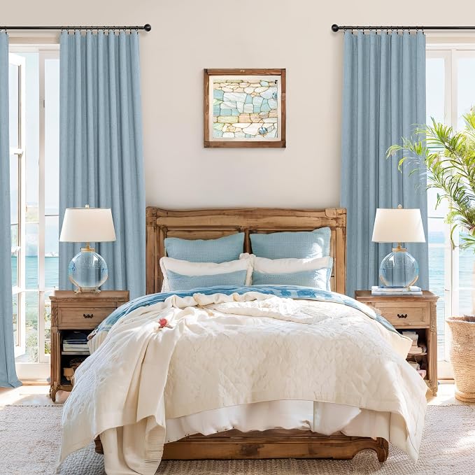 Slate Blue Curtains 108 Inches Long 2 Panel Burg 100% Blackout Boho Linen - Image 2