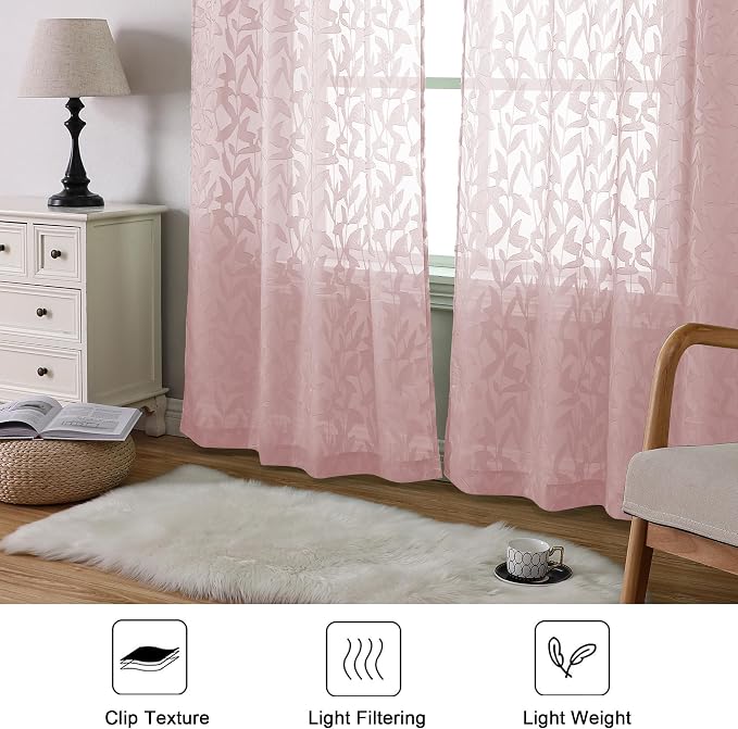 Lecloud Leia Blush Pink Sheer Curtains 90 Inches Long 2 Panels Set, Breathable - Image 3
