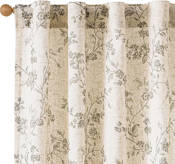 Lazzzy Grey Floral Linen Curtains 84 Inch Farmhouse Back Tab Drapes by Lazzzy