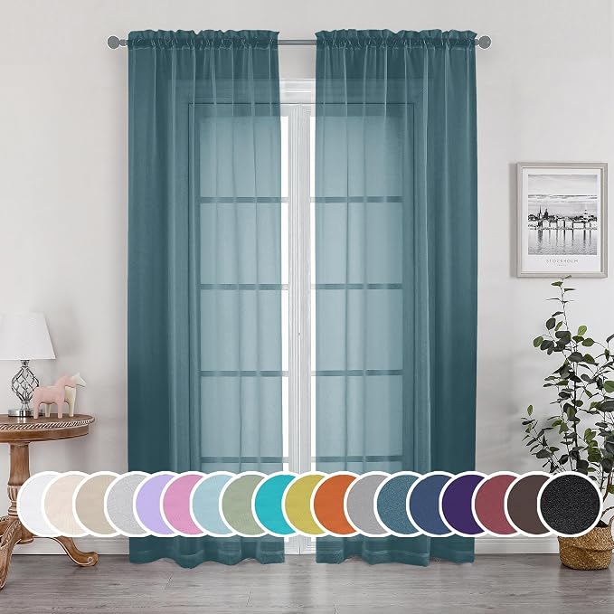 OWENIE Teal Sheer Curtains 84 inches Long 2 Panels Set, Light Filtering Rod by OWENIE