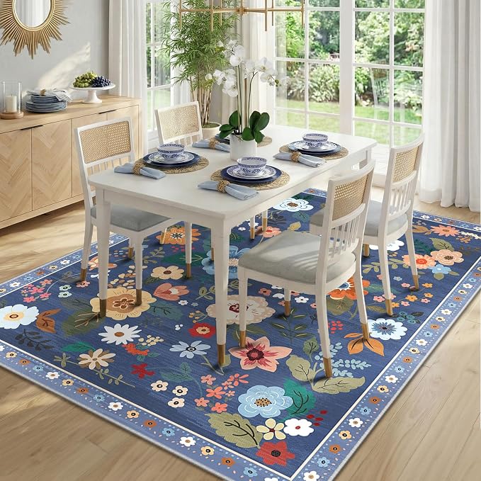 RELEANY Floral Washable 4x6 Area Rugs Blue/Grey | Flower Carpet Print Boho Cute - Image 9