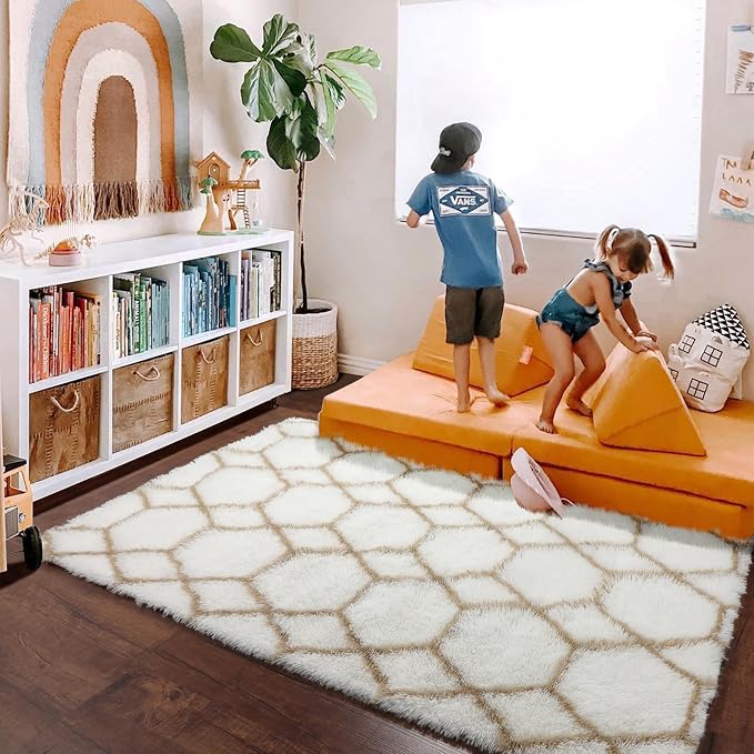 Area Rugs for Bedroom Living Room, 4x6 Fluffy White and Beige Geometric Rug | - Image 8