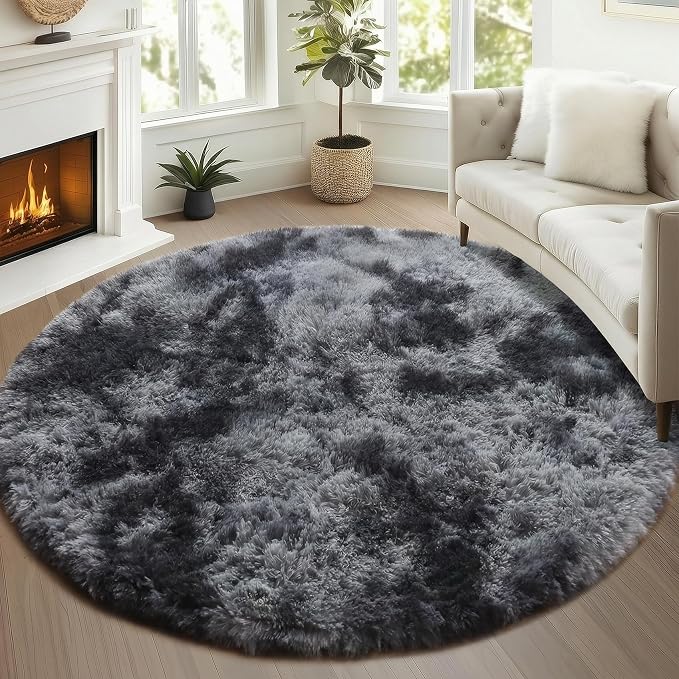ONASAR Tie-Dyed Dark Grey Round Area Rug 4ft, Ultra Soft Bedroom Circle Rugs by ONASAR