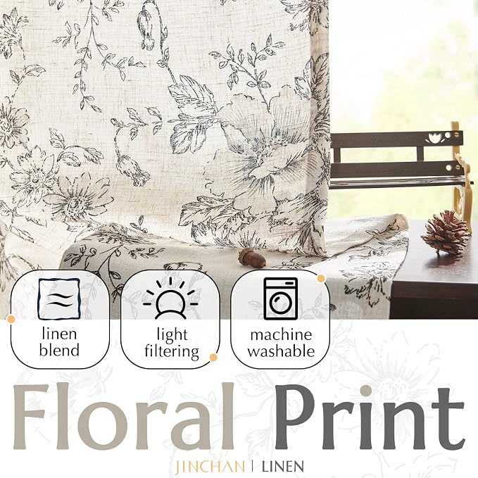 jinchan Linen Floral Curtains 96 Inch Length - Image 4