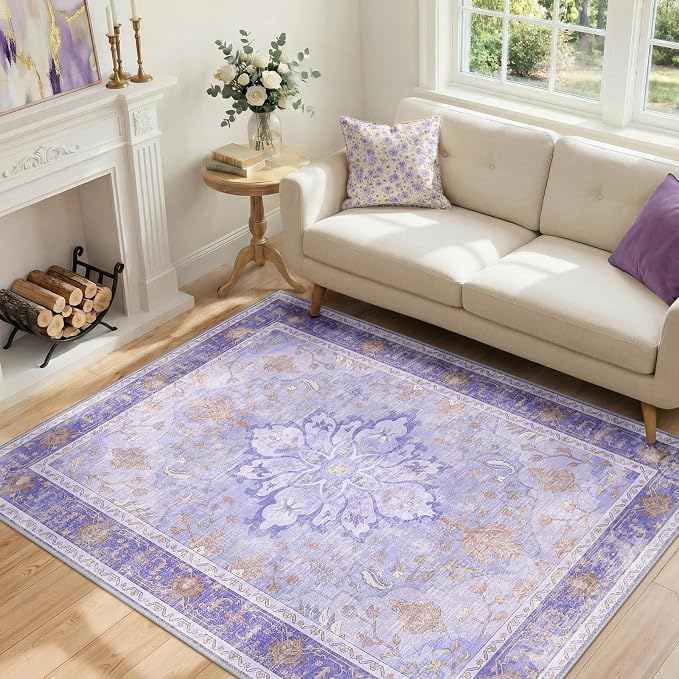 Area Rugs 4'x6' Washable Non-Slip, Floral Vintage Distress Print Pattern by RELEANY
