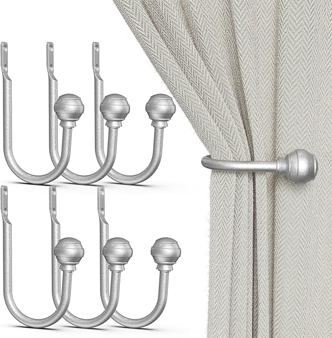Hion Curtain Holdbacks Silver 6pcs, Curtain Tiebacks Wall Mounted Curtain Hooks by Hion