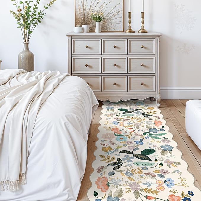2x10 Washable Hallway Runner Rug: Long Floral Scalloped Soft Runners - Image 3