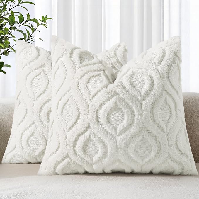 decorUhome Throw Pillow Covers 18x18 Inch Set of 2, Soft Plush Faux Wool Cream by decorUhome