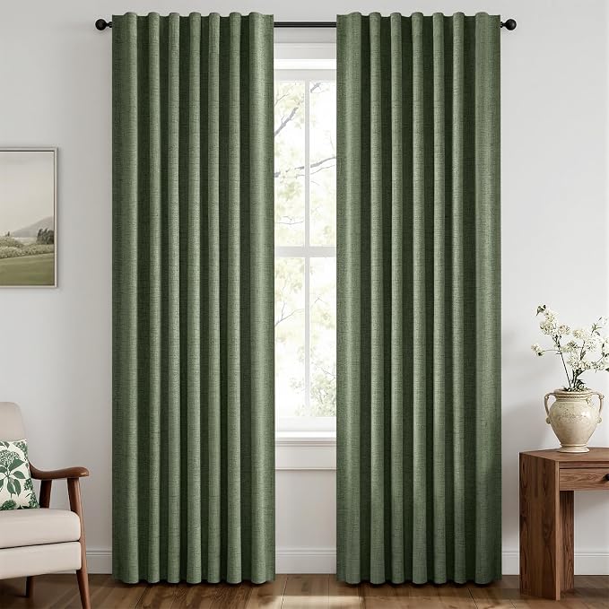 MIULEE 100% Blackout Linen Curtains 42 x 63 Inch Olive Green 2 Panels | Thermal by MIULEE
