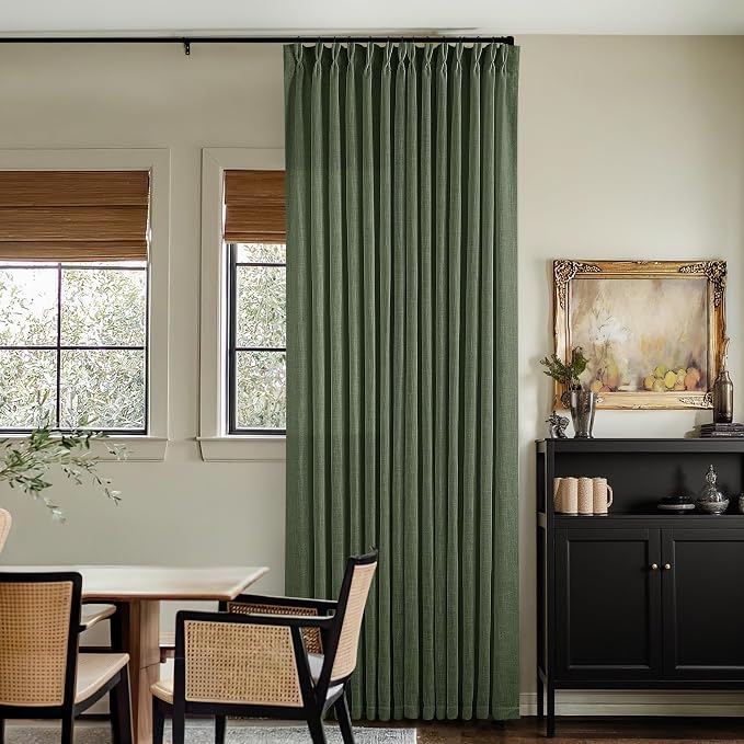 Pleated Semi Sheer Memory Shape Olive Green Linen Curtains 90 Inches Long | - Image 7