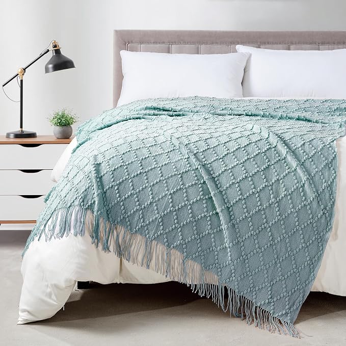 BOURINA Aqua Throw Blanket 50 x70 Inches Jacquard Argyle Throw Textured Solid by BOURINA