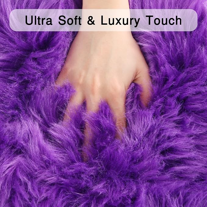 duduta Purple Faux Sheepskin Round Rug 4x4 ft, Fluffy Shag Fur Bedroom Nursery - Image 4