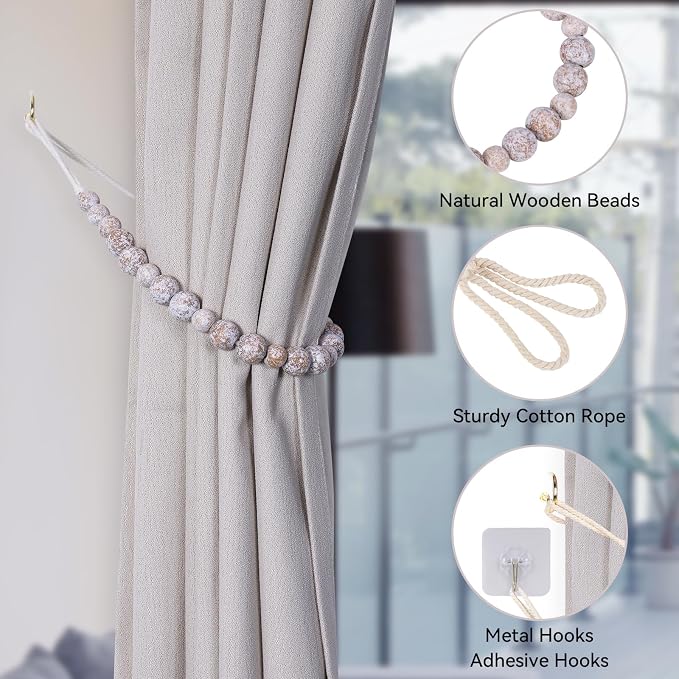 Wood Bead Curtain Tiebacks, KLOGTSIND Set of 4 Curtain Holdbacks - Image 5