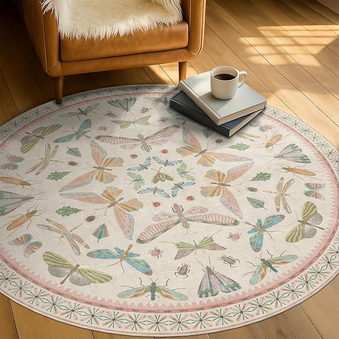 Insect Pink and Blue 5ft Round Area Rug by HazoHaus