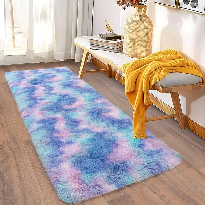 Soft Runner Rugs for Bedroom Hallways, 2x6 Purple Rainbow Fluffy Shag Throw - Image 4