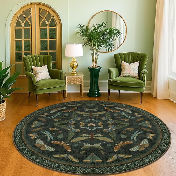 Dark Green Insect 6ft Round Washable Area Rug by HazoHaus