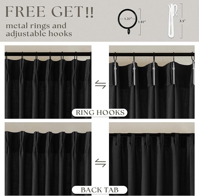 Black Pinch Pleated Linen Semi Sheer 108 Inch Curtains 2 Panels | Light - Image 5
