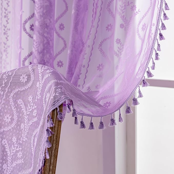 WAZZIO Boho Lace Curtains 84 Inch 2 Panels -Sheer Panel Drape Floral Pattern & - Image 7
