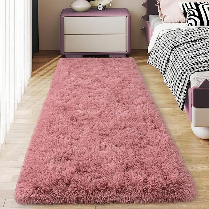 Soft Runner Rugs for Bedroom Hallways, 2x5 Blush Pink Fluffy Shag Throw Area by Ailyei