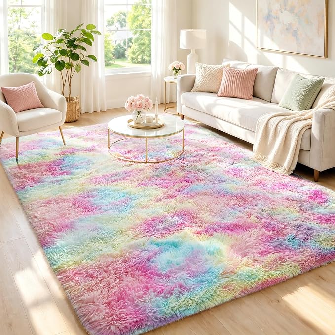 Ophanie Rainbow Colorful Rugs for Living Room 5x8, Unicorn Fluffy Shag Fuzzy by Ophanie