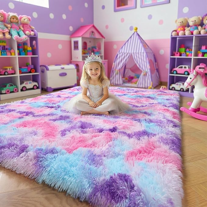 Amdrebio Pink Blue Purple Shaggy Kids Rug 5x8 by Amdrebio