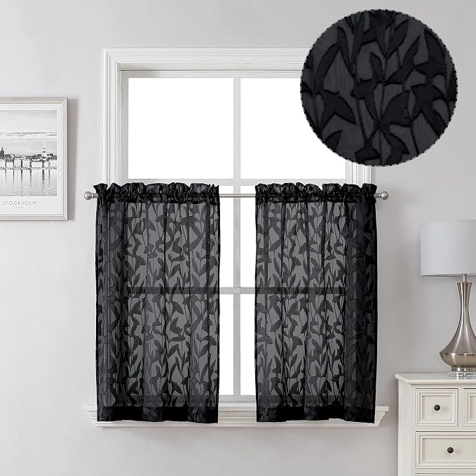 Lecloud Leia 2 PCS Black Sheer Kitchen Curtains 36 Inch Length, Airy & by Lecloud