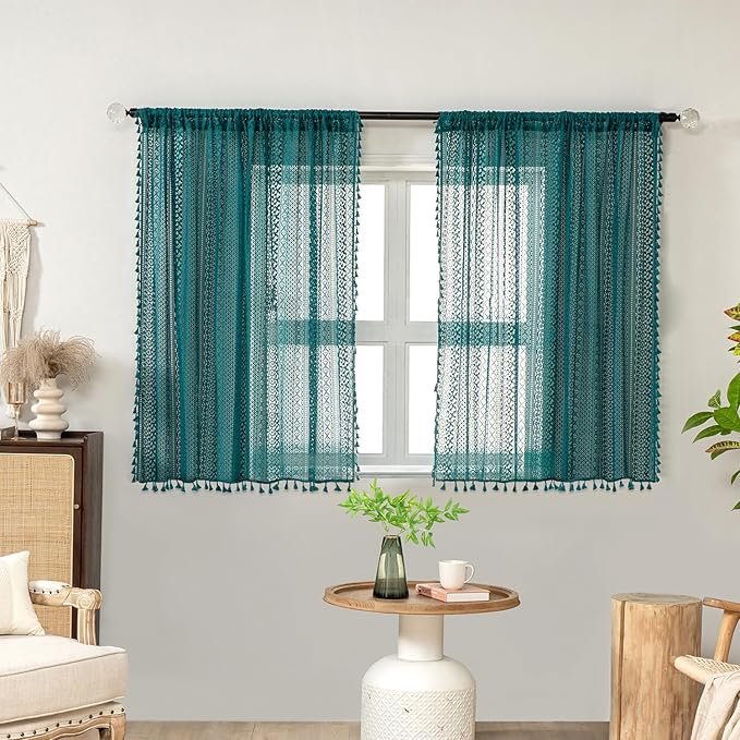 WAZZIO Boho Lace Curtains 45 Inches 2 Panel, Light Filtering Privacy Tassel & by WAZZIO