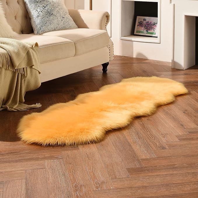 duduta Yellow Faux Sheepskin Runner Rugs 2x6 ft, Fluffy Shag Bedroom Rug Fur - Image 6