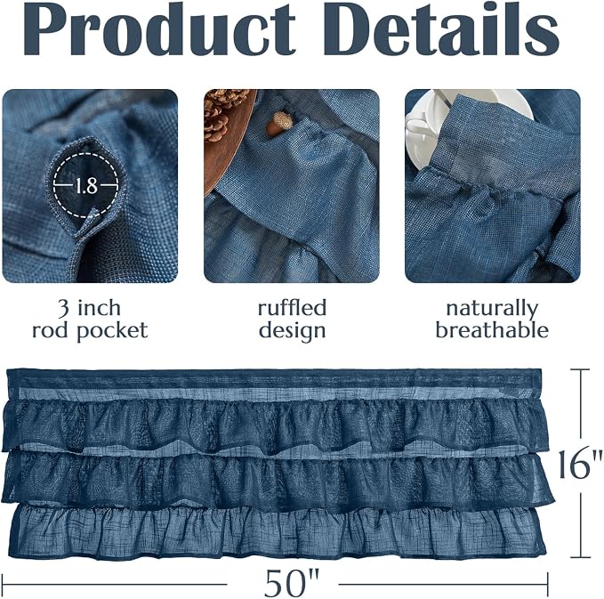 jinchan Ruffled Valance Curtain Slubbed Crossed Kitchen Valance Vintage - Image 4