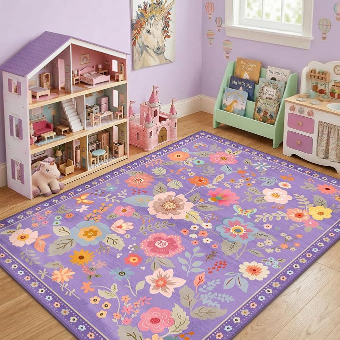 RELEANY Floral Washable 5x7 Area Rugs Purple/Pink | Flower Carpet Print Boho - Image 3
