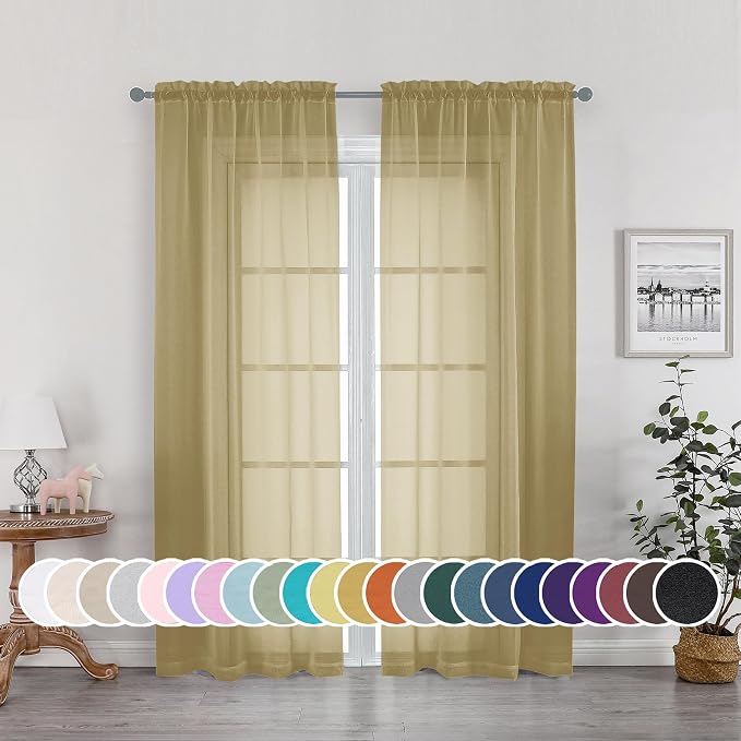 OWENIE Gold Sheer Curtains 72 Inches Long 2 Panels Set, Transparent Light by OWENIE