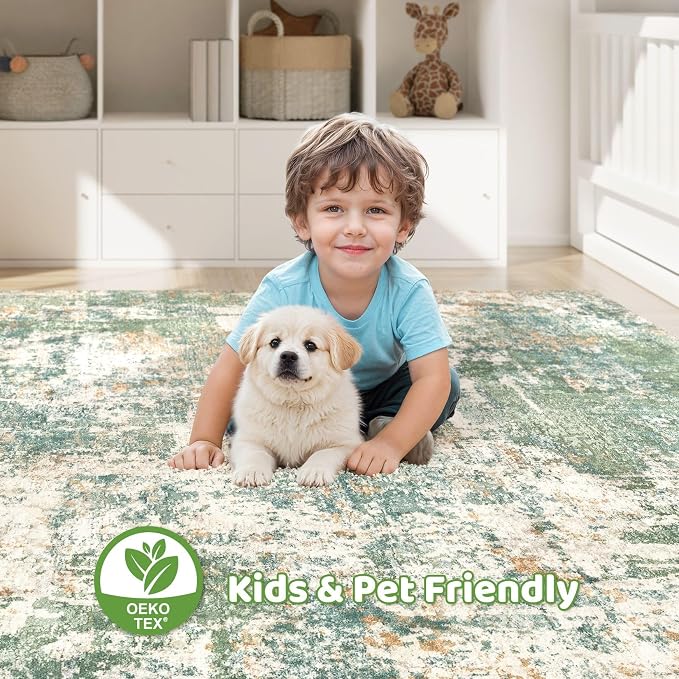 LOONGRUG 4x6 Area Rug Machine Washable Neutral Modern Abstract Rugs Green | - Image 7