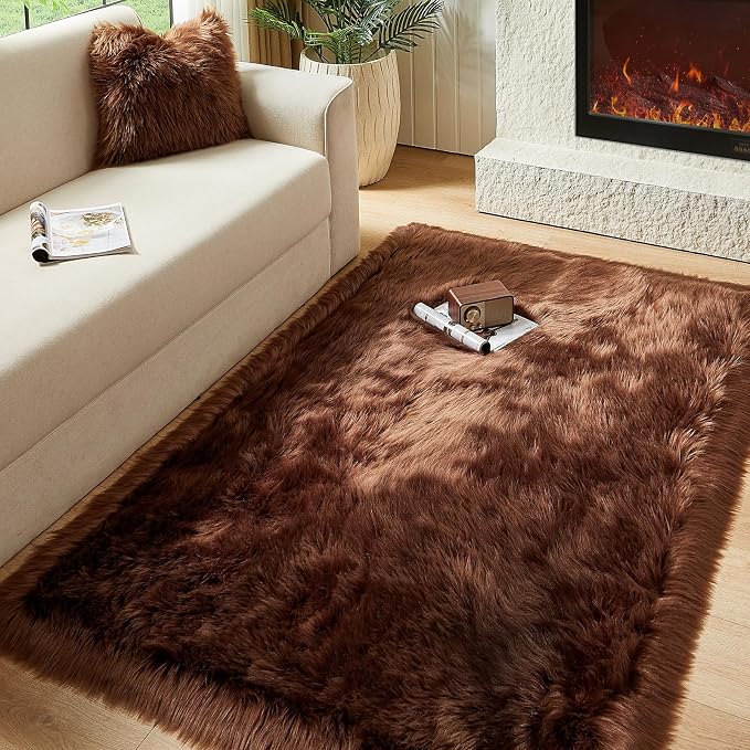 AMTOVO Faux Fur Sheepskin Rug for Living Room, 4 x 6 ft Coffee Fluffy Area Rug by AMTOVO